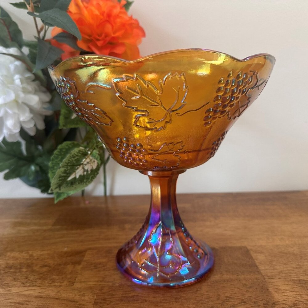 Indiana Glass Marigold Carnival‎ Glass Compote Harvest Grape Pedestal Bowl V
